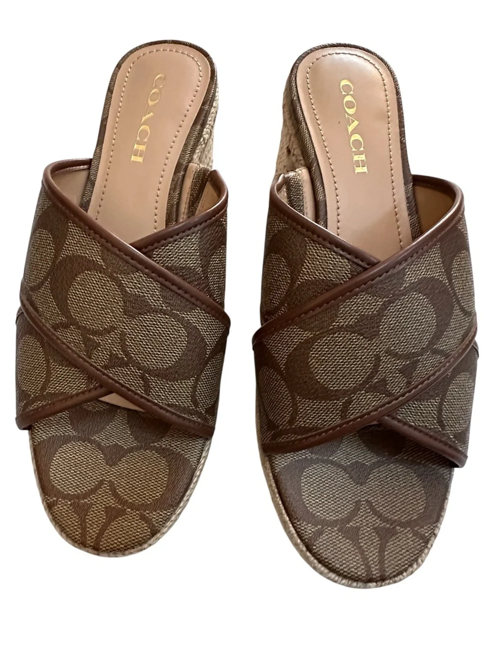 Coach Sloan Signature Espadrille Brown Canvas Crisscross Slide Mules, 8.5B